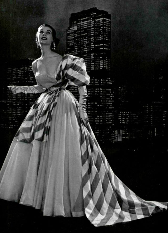 Myrtle Crawford in evening gown by Schiaparelli, photo by Philippe Pottier, 1953
