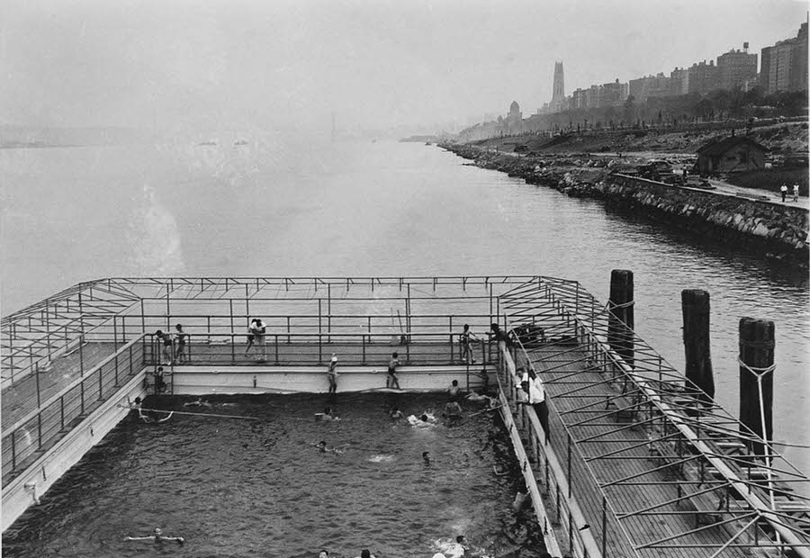 Besides traditional pools in the city, there were also what were then called floating baths, like the one pictured above at 96th Street on the Upper West Side on August 19th, 1938.