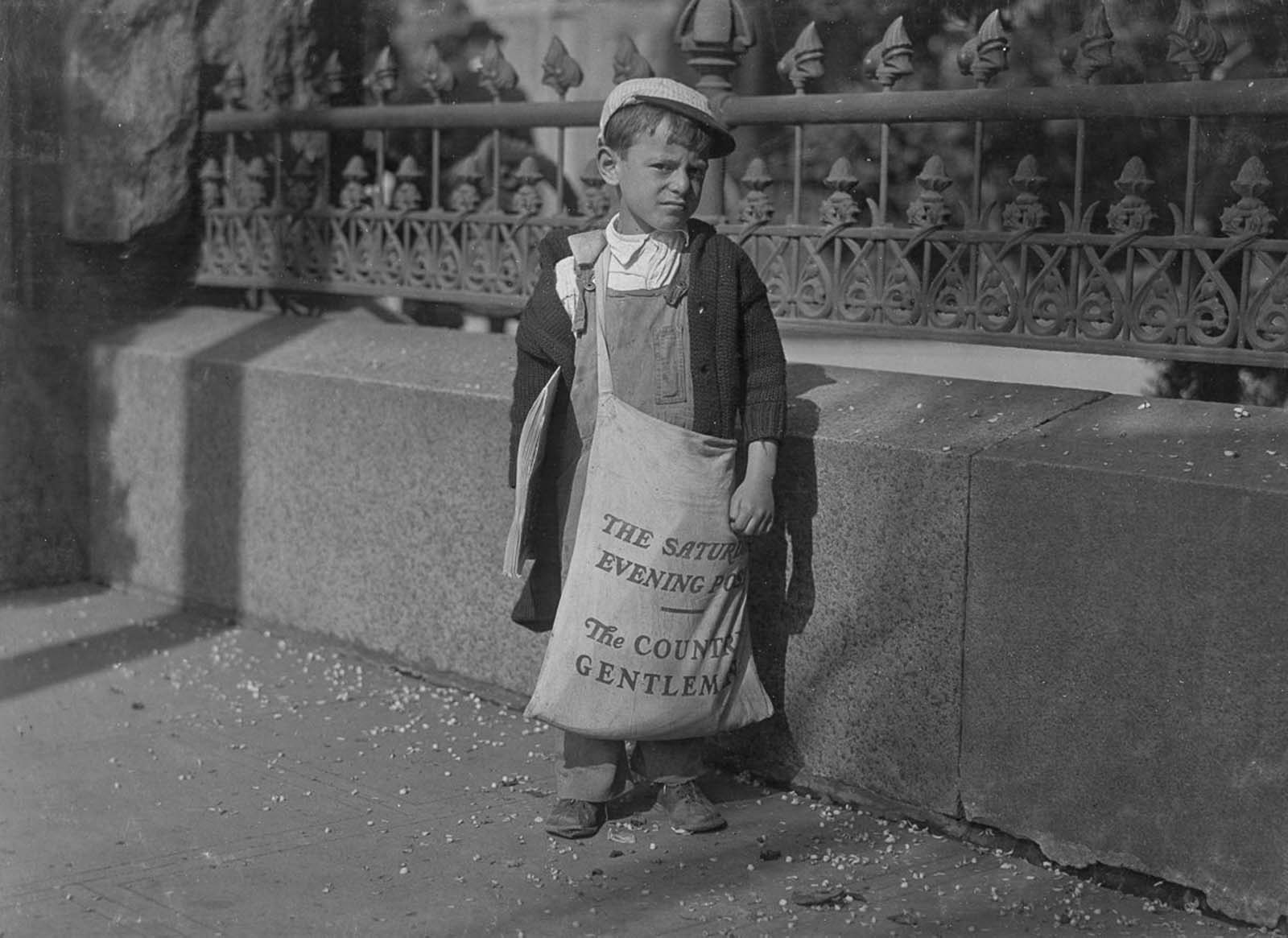 Freddie Kafer, a very immature little newsie selling Saturday Evening Posts and newspapers at the entrance to the State Capitol.