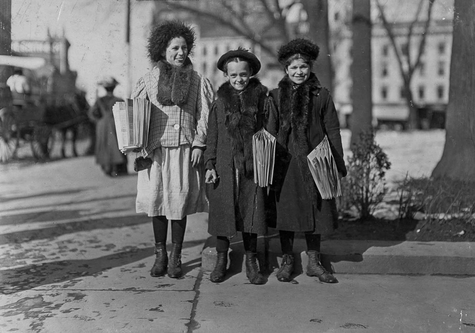 Have been selling two years. Youngest, Yedda Welled, is 11-years-old. Next, Rebecca Cohen, is 12. Next, Rebecca Kirwin, is 14. Hartford, Connecticut, 1909.