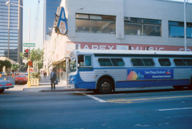 San Diego Transit 1974 Flxible bus on westbound Broadway at 7th Avenue in the 1970s