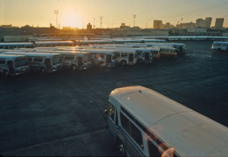 Sunset over San Diego Transit's Imperial Avenue Division in summer 1976