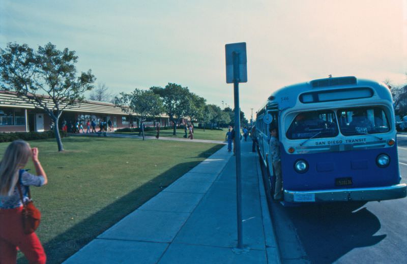 GMC “old look” bus on a school tripper at Marston Junior High School in January 1977