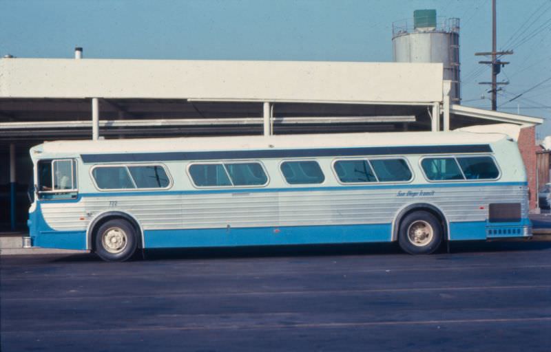 A 1974 Flxible surburban bus at San Diego Transit's Imperial Avenue Division in the 1970s
