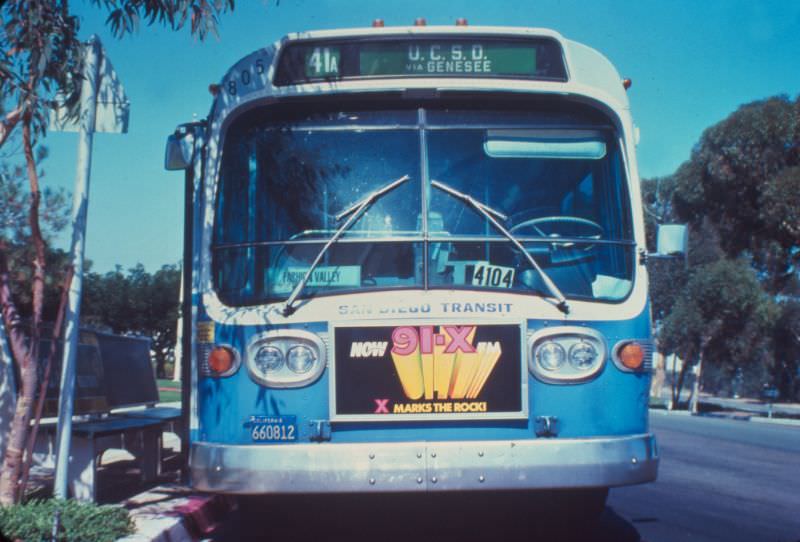A 1975 GMC bus operating on Route 41 stopped on layover