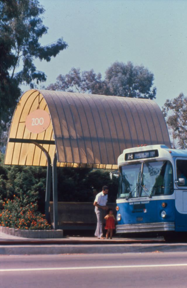 A 1978 MAN articulated bus operating on Route 7 picks up passengers on Park Blvd. at the San Diego Zoo