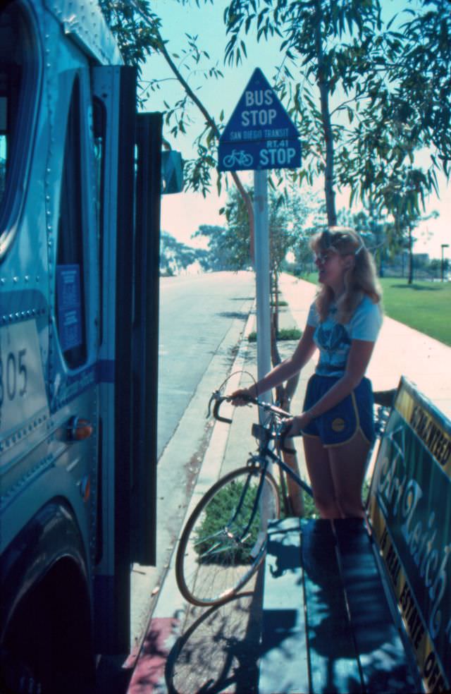 All MTS buses have bike racks now, but in the 1970s and 1980s, only selected routes were equipped, such as Route 41 connecting UCSD and Fashion Valley