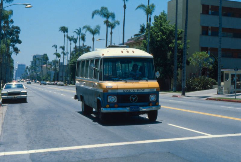 Mercedes Benz bus used on the City of San Diego Dial-a-Ride program on Sixth Avenue near Balboa Park in the late 1970s