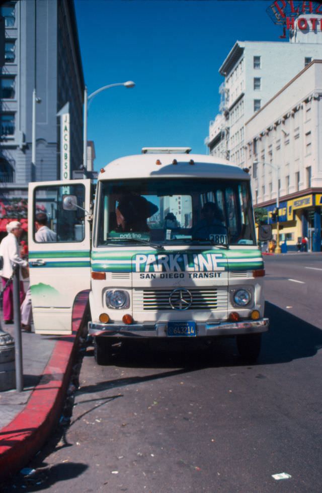 Mercedes Benz minibus on Fourth Avenue next to Horton Plaza in Downtown San Diego