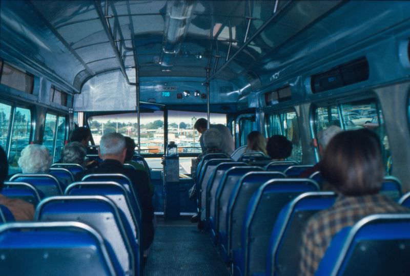Passengers on a San Diego Transit Route 90 express bus at College Grove Center in the 1970s