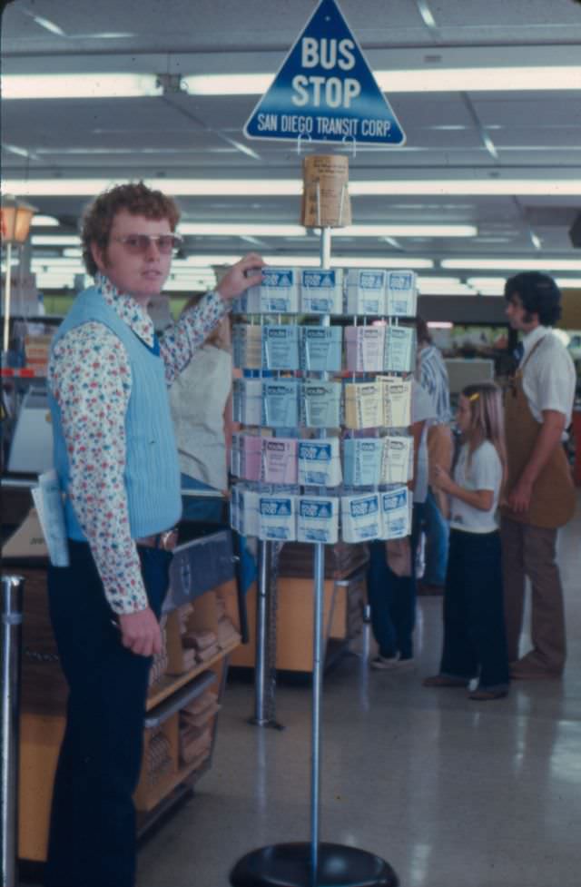 Re-filling a supermarket timetable rack in October 1975