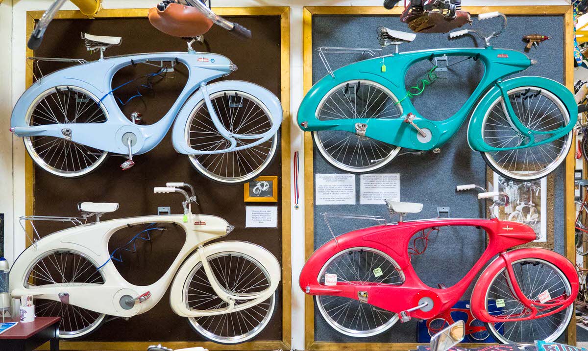 Multicolored Bowden Spacelanders on display at Bicycle Heaven.