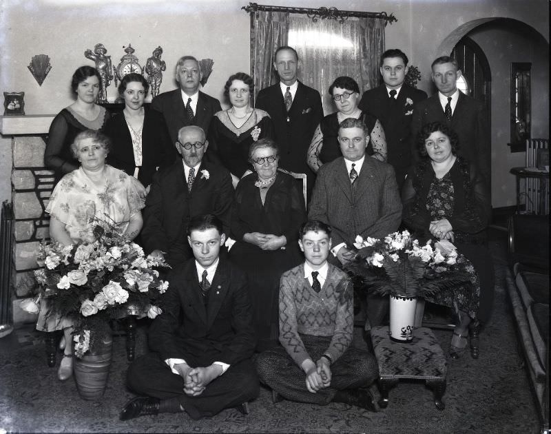 Family group gathered for the golden wedding anniversary of Conrad G. and Augusta Kempf. The party was held at 6324 Mardel, the home of their daughter, Bertha Meyer, and her husband, Adolph E. Meyer. March 1931