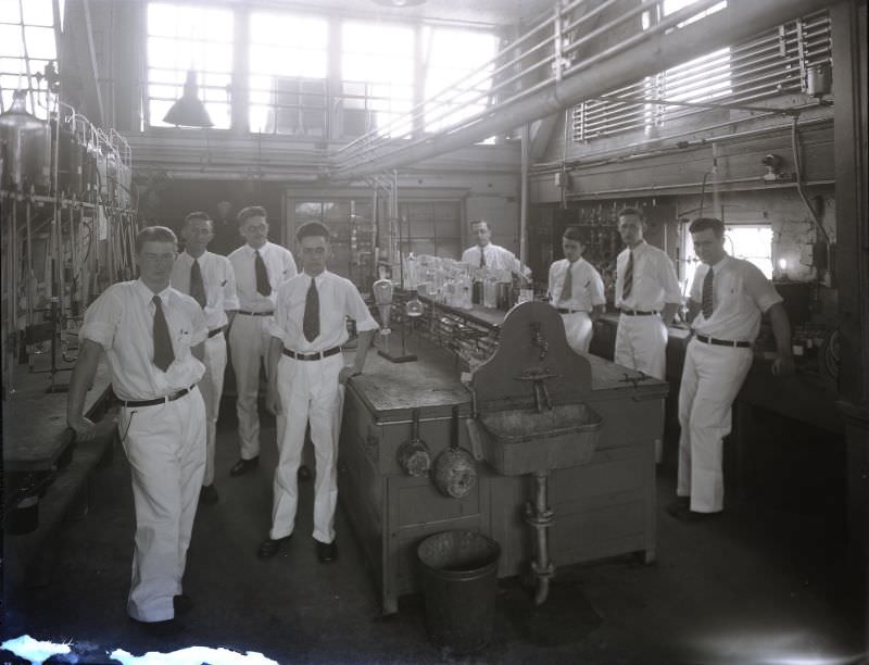 Monsanto Chemical Works employees posed in a chemical laboratory at the Monsanto plant at the corner of 2nd and Lafayette, June 1931