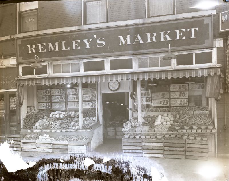 Produce displays outside of Jim Remley’s Market at 6213 Easton in Wellston (later renamed Dr. Martin Luther King Drive), June 1931