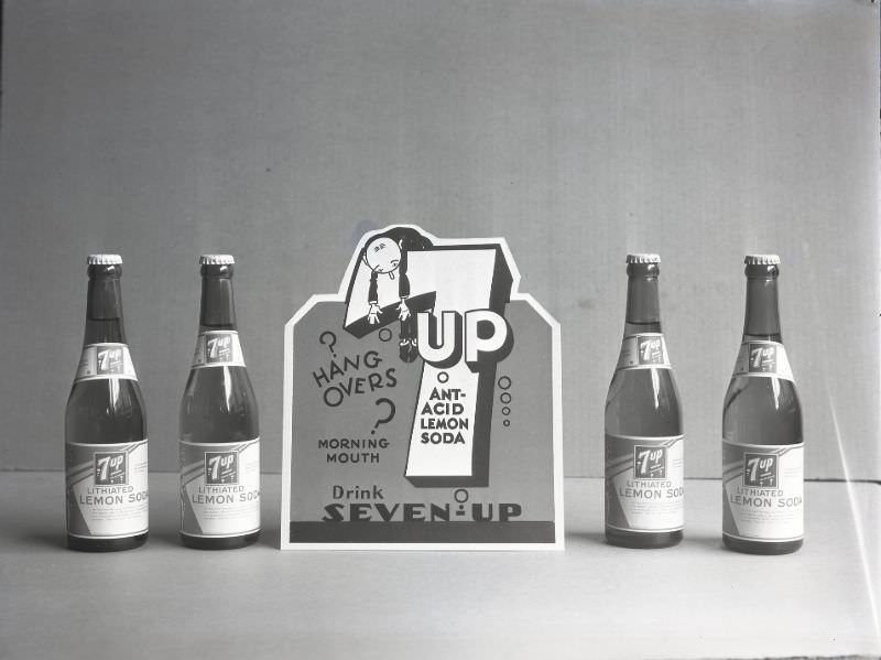 Product shot showing a 7UP soda display, June 1931