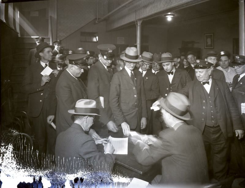 Street car union members voting on a strike at Unity Hall, May 1931