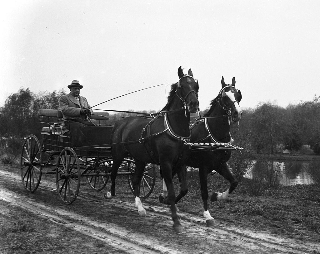 August Anheuser Busch Sr of St Louis, Missouri, driving a horse drawn carriage in April of 1933.