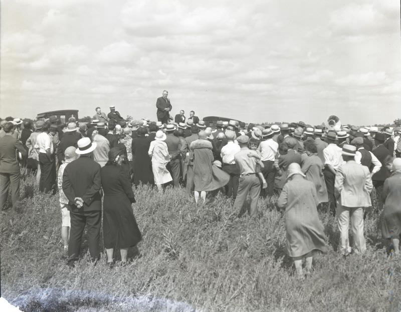 A speaker addresses the crowd at the dedication of the new Castle Point subdivision at the corner of Halls Ferry and Chambers roads in north St. Louis County. June 1931