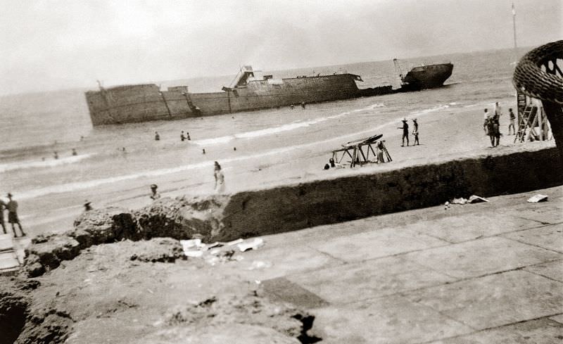 Wreck of the illegal Jewish immigration ship SS “PARITA”, beached at Tel Aviv, Palestine (now Israel), 4 November 1940