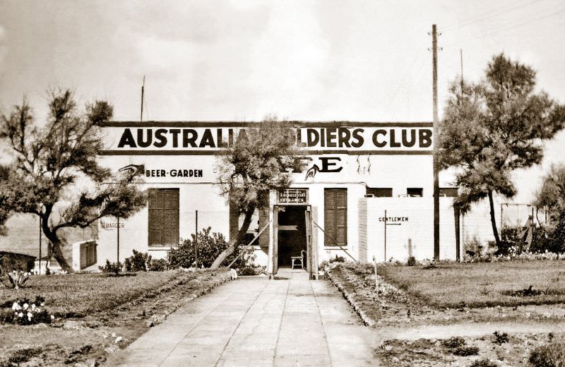 Australian Soldiers Club main entrance looking west with the Mediterranean Sea in the background, Tel-Aviv, Palestine (now Israel), July 1942