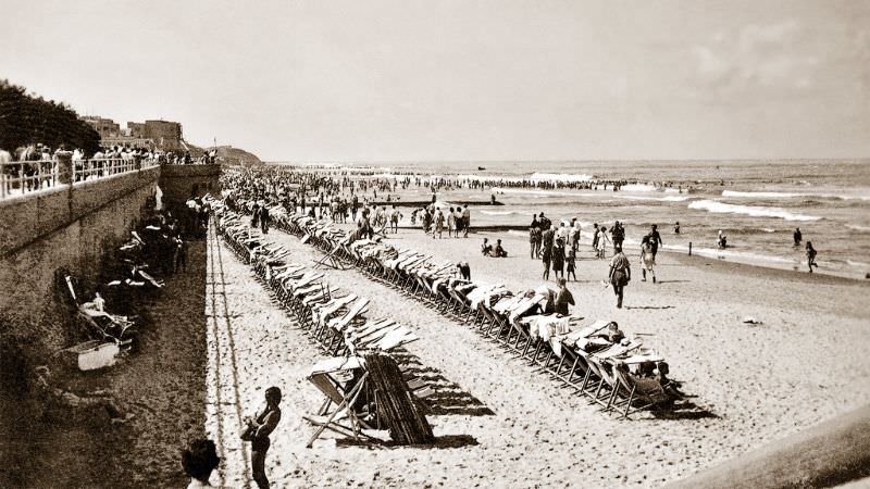 Looking south towards the old coastal town of Jaffa, along the crowded beachfront at Tel Aviv, Palestine (now Israel), July 1942