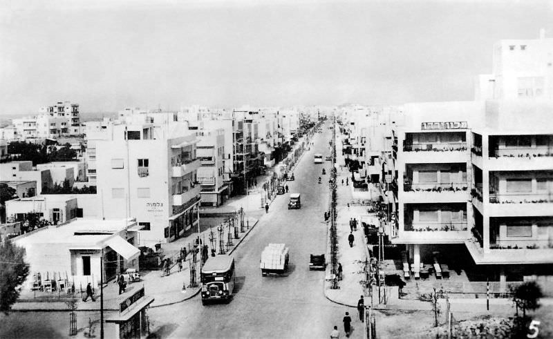 Looking north along Ben Jehuda Road (now a street) from the intersection with what is now Sderot Ben Gurion, Tel Aviv, Palestine (now Israel), 1937