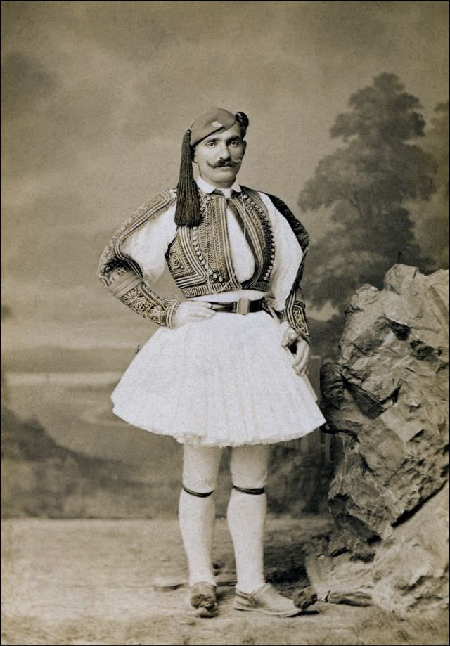 Greek or Albanian man wearing the fustanella, the skirt-like garment of the traditional costume, 1890s