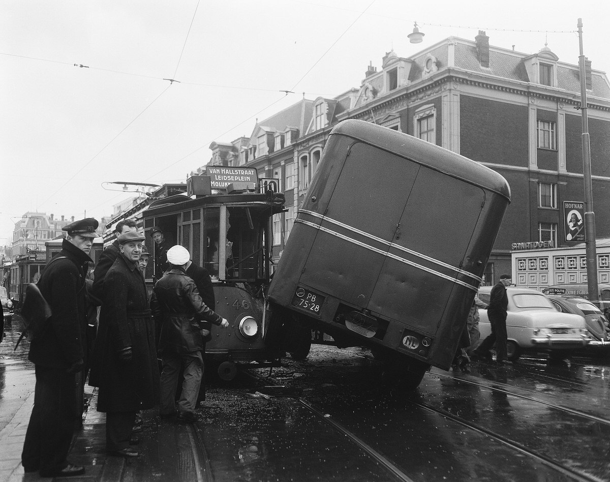 Tram car collision with Frederiksplein delivery van, February 12, 1957.