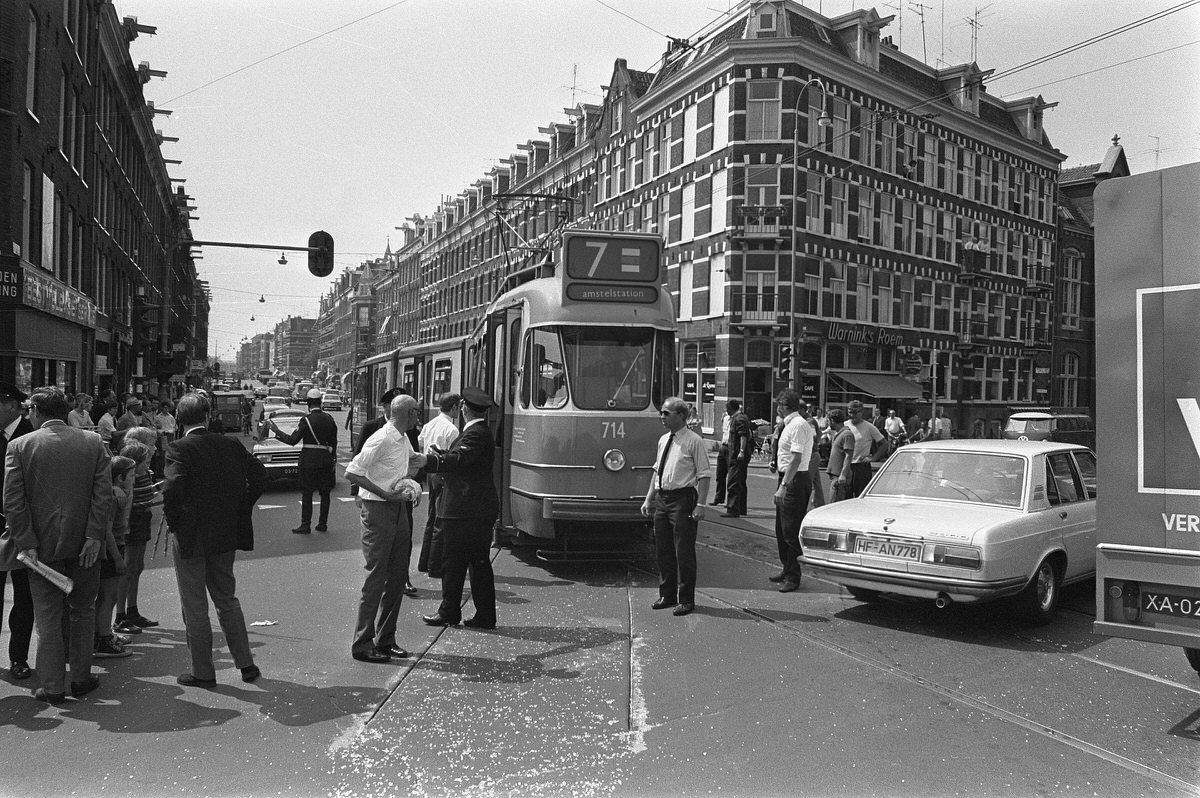 Clash of tram with bus, corner Elandsgracht-Nassaukade. August 4, 1970