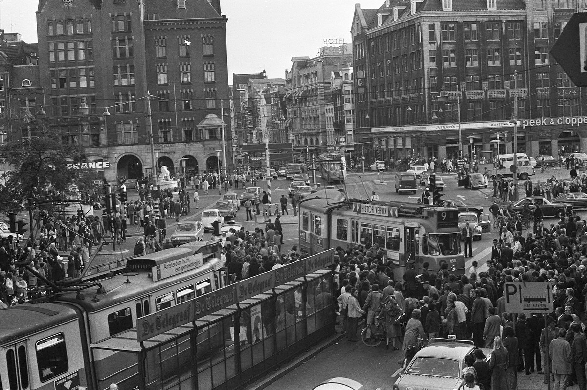 Tram derailed on Dam Square, Amsterdam. September 5, 1972