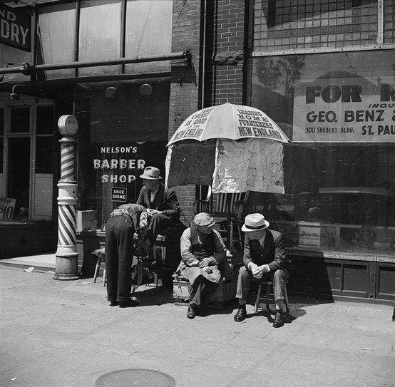 Bootblack's stand, Minneapolis, Minnesota, 1937