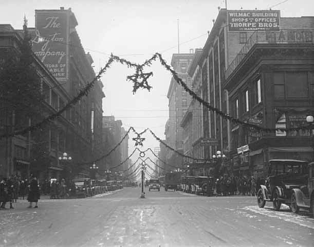 Christmas decorations at Nicollet Avenue, Minneapolis, 1930s