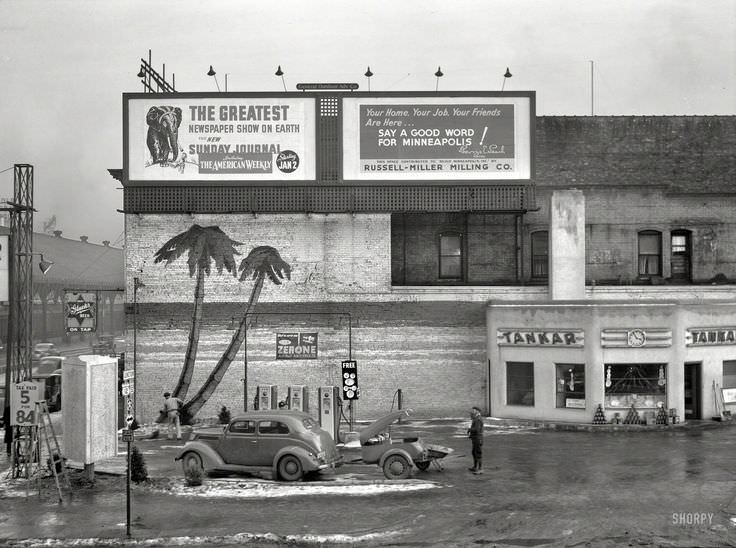 Gas station in Minneapolis, December 1937
