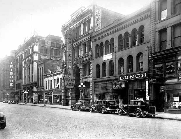 Newspaper row, Fourth Street south near Nicollet Avenue, Minneapolis, Minnesota, 1930s