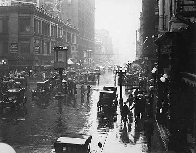 Sixth and Nicollet in the rain, Minneapolis, Minnesota, 1930s