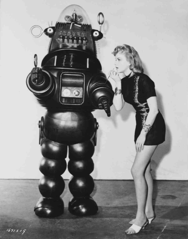 Anne Francis with Robby the Robot During the Filming of 'Forbidden Planet (1956)