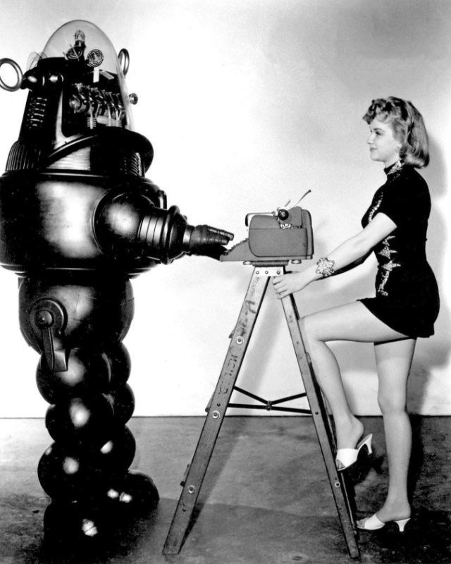 Anne Francis with Robby the Robot During the Filming of 'Forbidden Planet (1956)