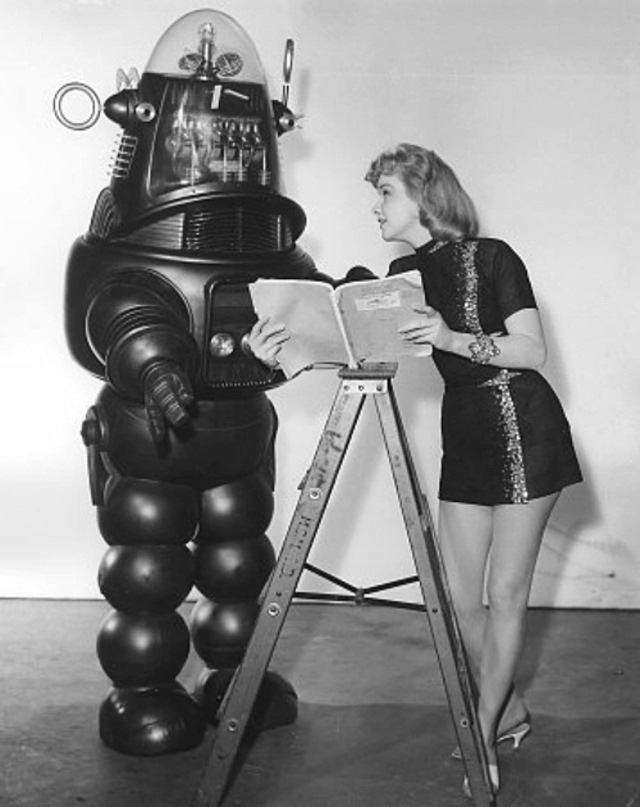 Anne Francis with Robby the Robot During the Filming of 'Forbidden Planet (1956)