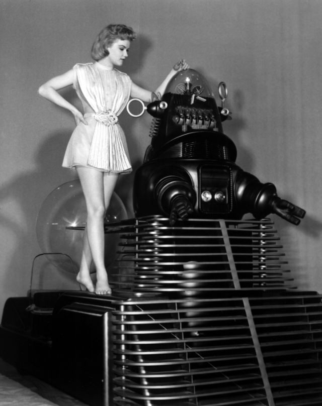 Anne Francis with Robby the Robot During the Filming of 'Forbidden Planet (1956)