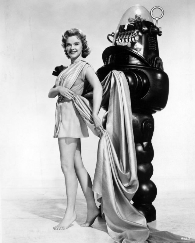 Anne Francis with Robby the Robot During the Filming of 'Forbidden Planet (1956)