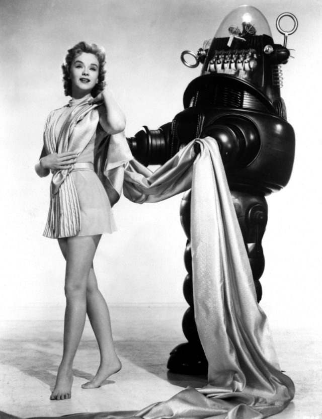 Anne Francis with Robby the Robot During the Filming of 'Forbidden Planet (1956)