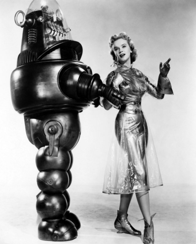 Anne Francis with Robby the Robot During the Filming of 'Forbidden Planet (1956)