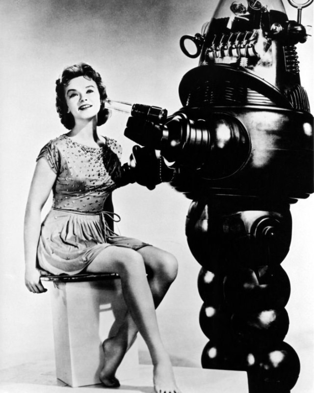 Anne Francis with Robby the Robot During the Filming of 'Forbidden Planet (1956)