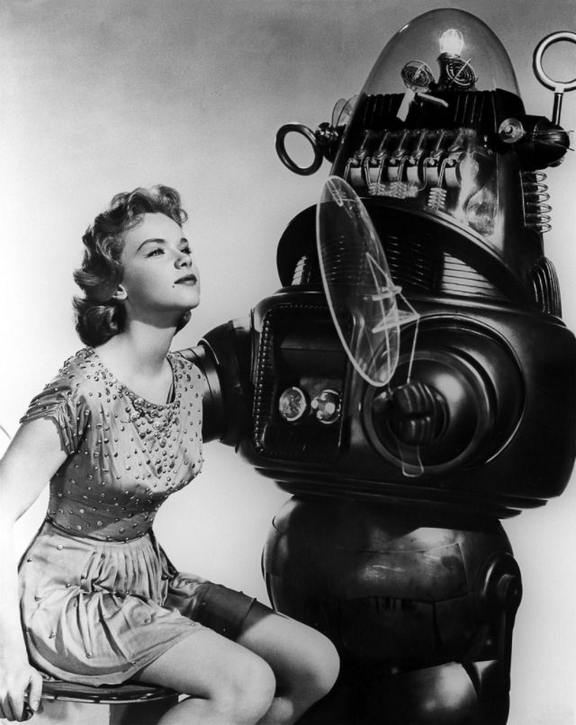 Anne Francis with Robby the Robot During the Filming of 'Forbidden Planet (1956)