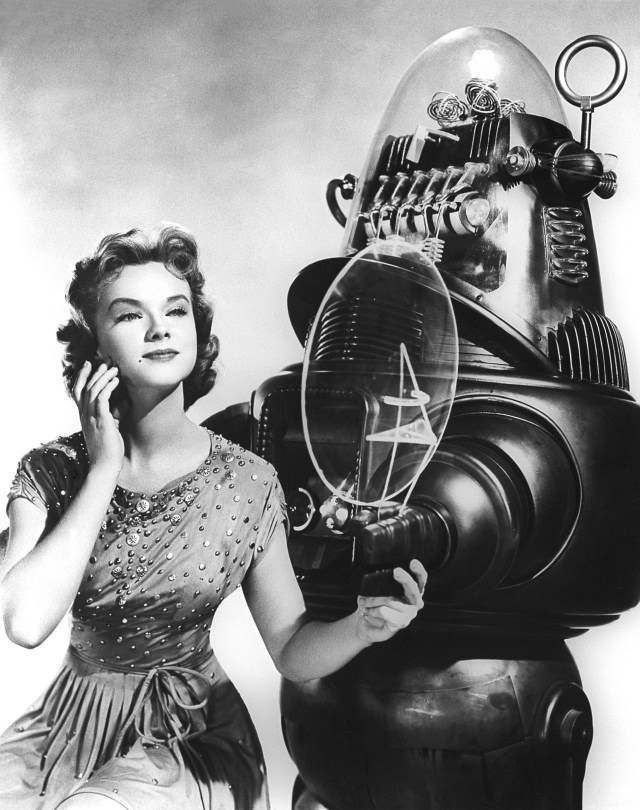 Anne Francis with Robby the Robot During the Filming of 'Forbidden Planet (1956)