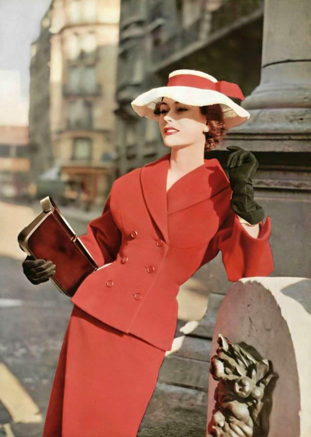 Anne Gunning in poppy red wool suit, double-breasted jacket is fitted with shawl collar and sculpted bustline, by Christian Dior, handbag by Dubost, Paris, 1953