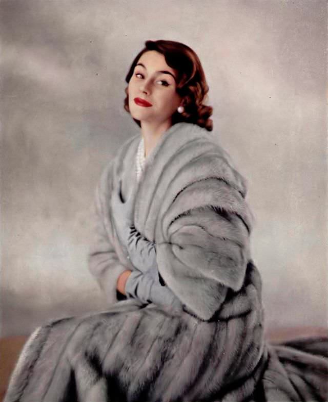 Anne Gunning in Cerulean EMBA mink coat by Max Reby, 1954
