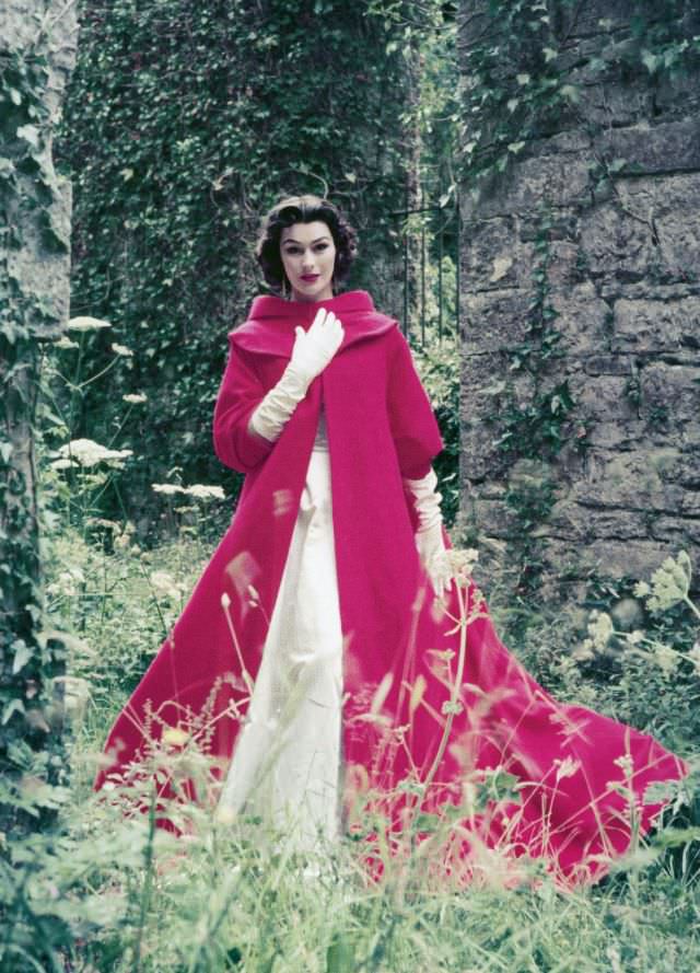 Anne Gunning in gown and evening coat by Sybil Connolly, Ireland, 1953
