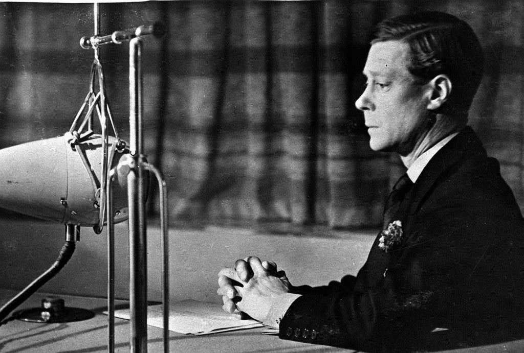 King Edward VIII at the microphone after telling Prime Minsiter Satnley baldwin that he intends to marry the American divorcee Wallace Simpson in 1936.